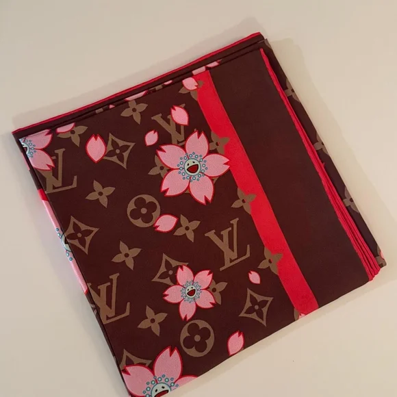 Louis Vuitton x Takashi Murakami Cherry Blossom Silk Scarf Brown Pink Monogram - Picture 6 of 8